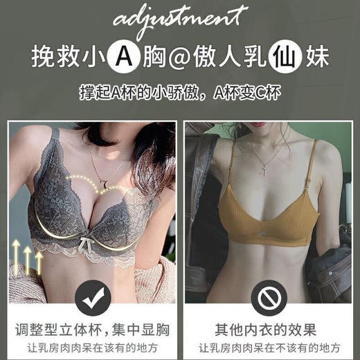 日系小胸聚拢全蕾丝无钢圈文胸防下垂收副乳调整聚拢内衣单件套装 商品图3