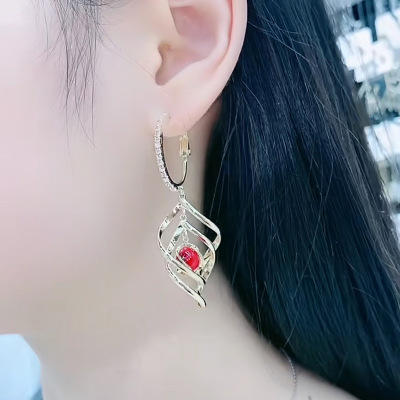 红猫眼石耳环女韩国气质时尚个性金属螺旋形几何耳坠长款 商品图2