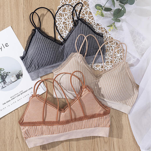 日系少女抹胸美背东大门格子内衣女学生性感交叉吊带背心蕾丝裹胸 商品图1