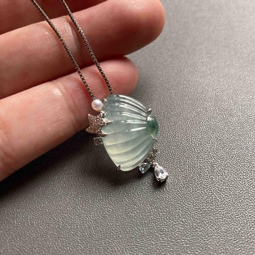 高冰种飘花翡翠贝壳18k白金钻石珍珠无色蓝宝石镶嵌 商品图7