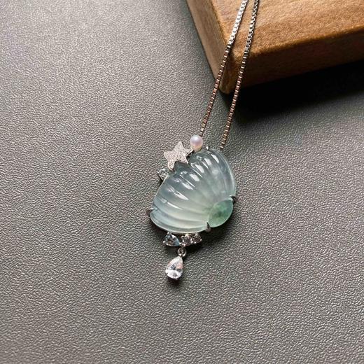 高冰种飘花翡翠贝壳18k白金钻石珍珠无色蓝宝石镶嵌 商品图1