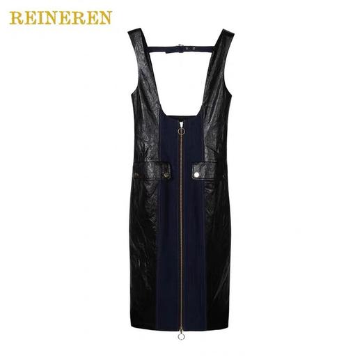 牛仔拼皮背带长裙 商品图1