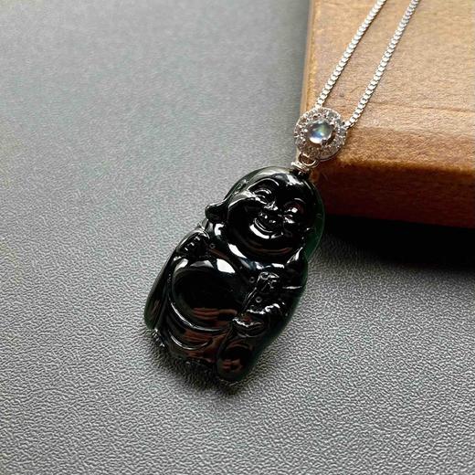 高冰种墨翠弥勒佛逍遥佛18k白金钻石月光石镶嵌 商品图1