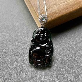 高冰种墨翠弥勒佛逍遥佛18k白金钻石月光石镶嵌