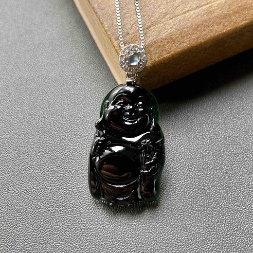 高冰种墨翠弥勒佛逍遥佛18k白金钻石月光石镶嵌 商品图0