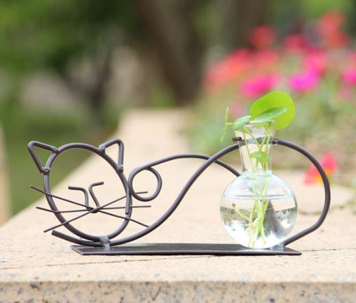【创意家居】*田园可爱铁艺猫水培容器绿萝植物玻璃瓶透明小花瓶插花器皿小花盆 商品图2