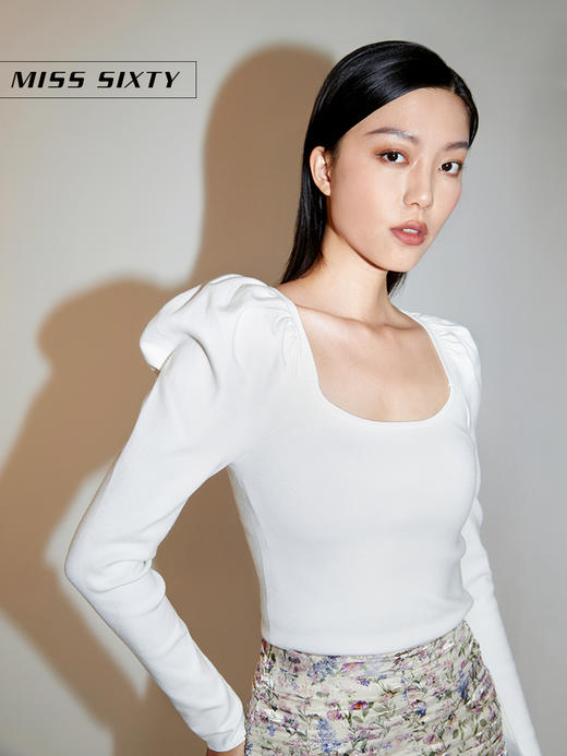 Miss Sixty2021春季新款针织衫女印花泡泡袖方领修身6N1RJ0820000 商品图3