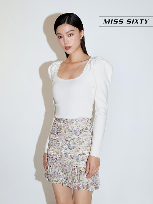 Miss Sixty2021春季新款针织衫女印花泡泡袖方领修身6N1RJ0820000 商品图5