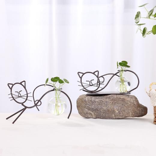 【创意家居】*田园可爱铁艺猫水培容器绿萝植物玻璃瓶透明小花瓶插花器皿小花盆 商品图0