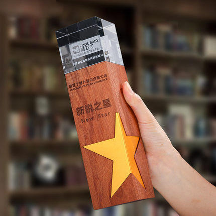 创意金属五角星实木水晶3D激光内雕奖杯定制定做奖牌荣誉颁奖刻字 商品图3