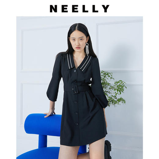 NEELLY系带连衣裙春装2021新款黑色单排扣高腰V领七分袖裙子纳俪N102102CY114 商品图1