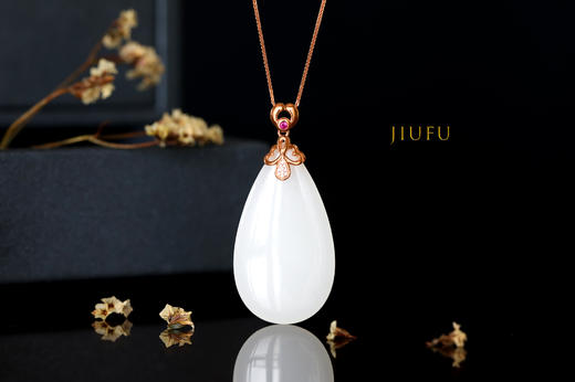 18K玫瑰金和田玉（白玉）镶钻双面吊坠--双面伊人/双面水滴25*45mm 商品图0