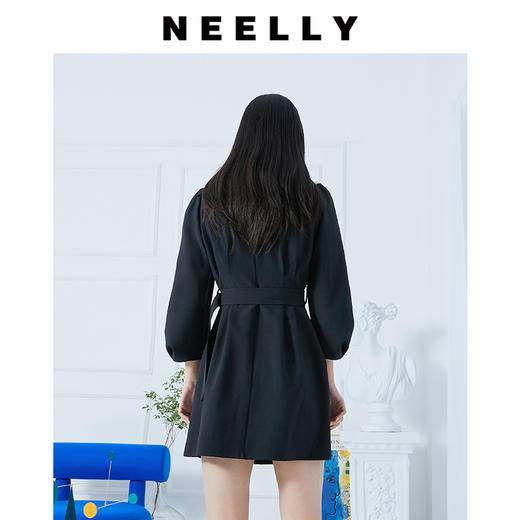 NEELLY系带连衣裙春装2021新款黑色单排扣高腰V领七分袖裙子纳俪N102102CY114 商品图4
