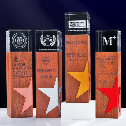 创意金属五角星实木水晶3D激光内雕奖杯定制定做奖牌荣誉颁奖刻字 商品图0