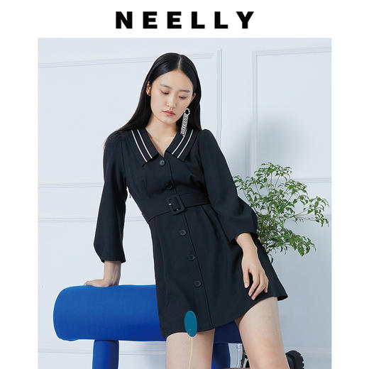 NEELLY系带连衣裙春装2021新款黑色单排扣高腰V领七分袖裙子纳俪N102102CY114 商品图0
