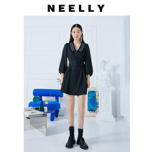 NEELLY系带连衣裙春装2021新款黑色单排扣高腰V领七分袖裙子纳俪N102102CY114 商品图3