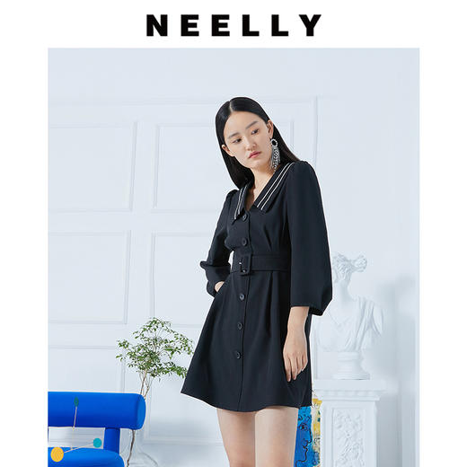 NEELLY系带连衣裙春装2021新款黑色单排扣高腰V领七分袖裙子纳俪N102102CY114 商品图2