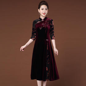 YZL  273复古气质立领套头修身钉珠舒适金丝绒裙