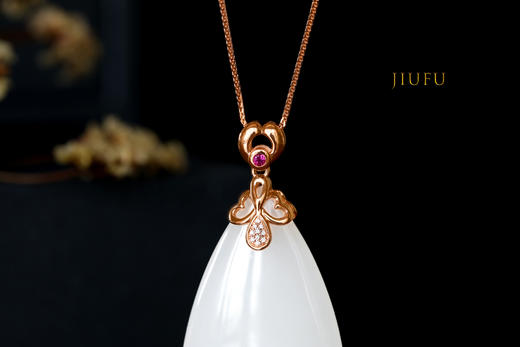 18K玫瑰金和田玉（白玉）镶钻双面吊坠--双面伊人/双面水滴25*45mm 商品图1