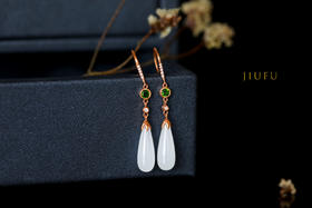 18K玫瑰金和田玉（白玉）镶钻耳饰--滴翠  /圆水滴16*6mm/总长41mm/配镶钻石、绿辉石