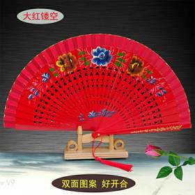 实木扇骨开合顺溜双面红扇子