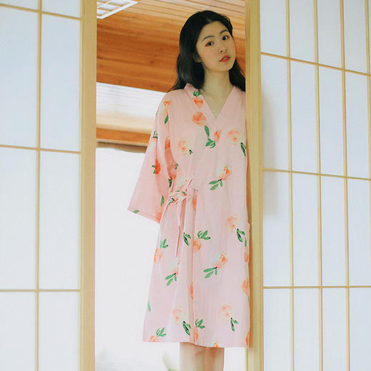 【甜美水蜜桃】日式和服睡衣 纯棉纱布 七分袖睡裙 宽松和服睡衣 汗蒸家居服 商品图1