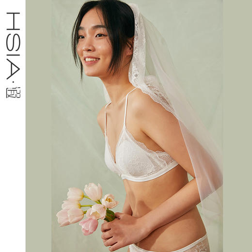 HSIA遐 法式蕾丝内衣女中小胸三角杯bra结婚婚纱款无钢圈性感文胸 商品图1