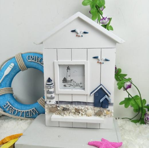 【家居摆件】*地中海钥匙盒小房子挂钩海洋风格创意木质收纳盒壁挂家居装饰品 商品图2