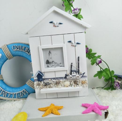 【家居摆件】*地中海钥匙盒小房子挂钩海洋风格创意木质收纳盒壁挂家居装饰品 商品图1