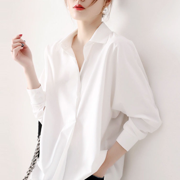 韩国新款长袖纯色抗皱垂感宽松百搭雪纺高端个性黑白衬衫