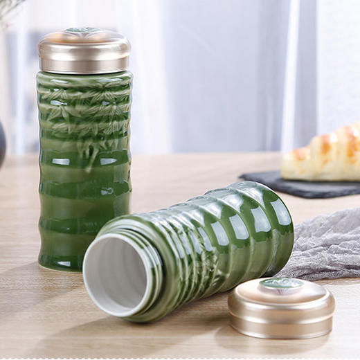 乾唐轩活瓷杯 竹节随身杯双层350ml 艺术陶瓷带盖水杯 年会商务送礼 商品图2