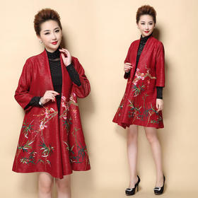 FLOF-A940-6837新款时尚优雅气质宽松中长款绣花外套