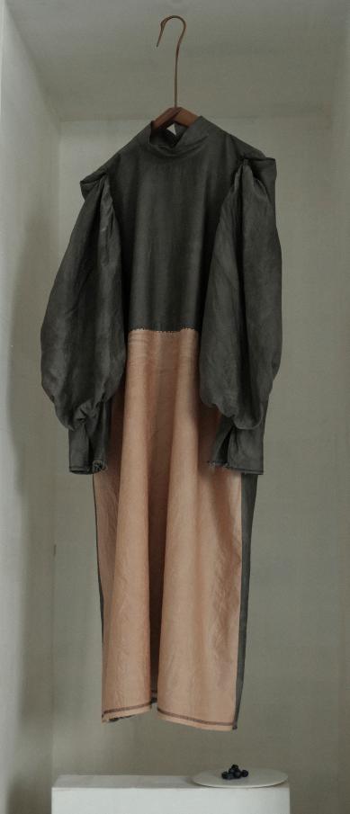 Phaedo  绿豆褐拼柿色直身泡泡袖连衣裙 商品图2