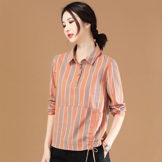 【断码清仓】丁摩 复古撞色条纹衬衫翻领韩版休闲慵懒衬衣B1994-WX047-BJ99 商品图2