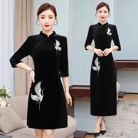 HT-1192 春秋新款仙鹤刺绣风七分袖改良旗袍连衣裙