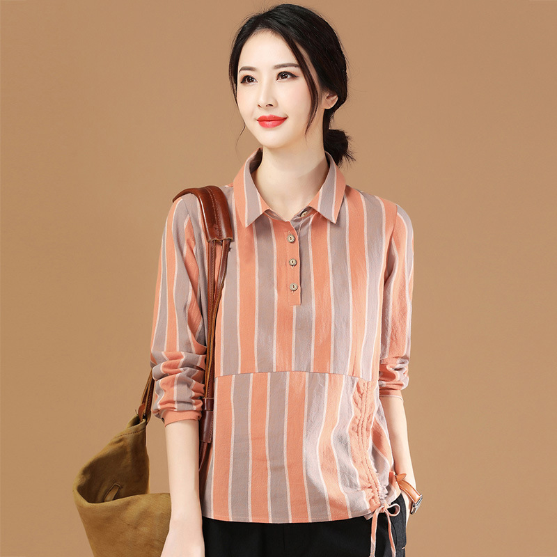 【断码清仓】丁摩 复古撞色条纹衬衫翻领韩版休闲慵懒衬衣B1994-WX047-BJ99