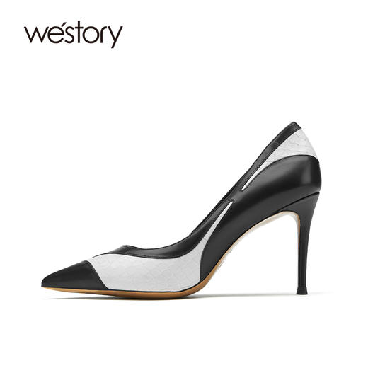 westory女鞋新款春季细跟高跟鞋尖头拼色婚鞋52001 商品图2