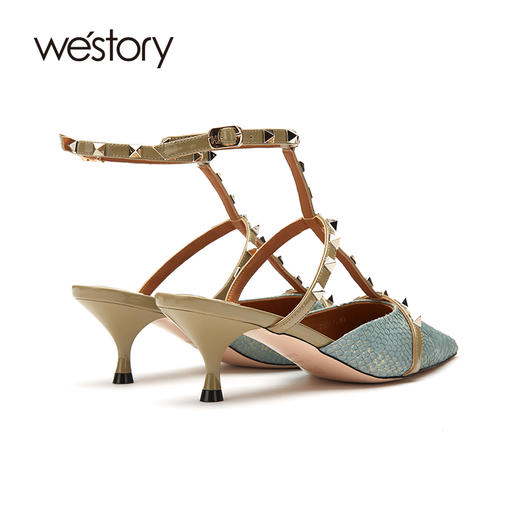 westory尖头高跟鞋女2021年春季新款细跟链条鱼纹凉鞋W21AH52661 商品图2