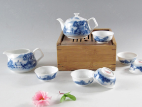 景德镇陶瓷 国瓷红叶 8头手绘青花茶具--山水