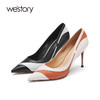 westory女鞋新款春季细跟高跟鞋尖头拼色婚鞋52001 商品缩略图0