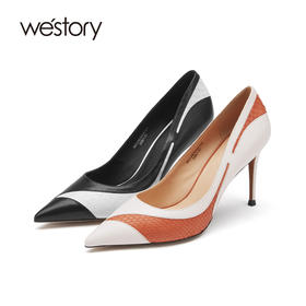 westory女鞋新款春季细跟高跟鞋尖头拼色婚鞋52001