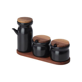 IKEA 宜家 HULDHET 胡赫特 调味罐带托盘3件套 陶瓷 黑色