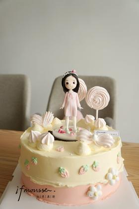 「翻糖定制」奶油蛋糕+翻糖人物 草莓女孩