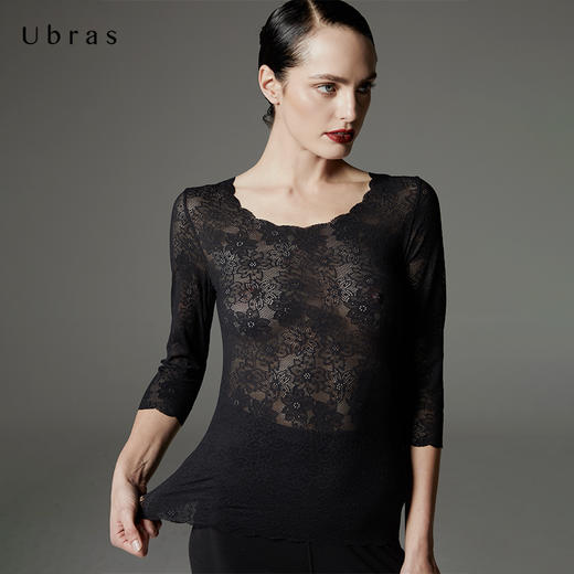 Ubras樱花蕾丝七分袖上衣女士性感时尚百搭打底中袖上衣秋季新款 商品图2