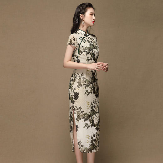 上海旗袍厂AYK-QF-200413-7雪纺印花短袖长旗袍立领修身复古连衣裙2021夏新品国潮优雅女装 商品图1