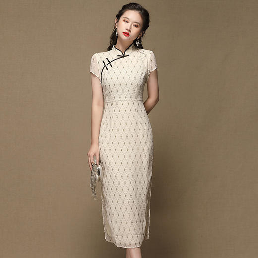 上海旗袍厂AYK-QF-200413雪纺菱格长款旗袍连衣裙传统立领短袖旗袍白女2021夏国潮复古女装 商品图3