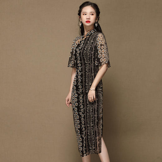 上海旗袍厂AYK-QF-200414雪纺小雏菊长款旗袍连衣裙改良立领短袖旗袍2021夏季国潮复古女装 商品图1