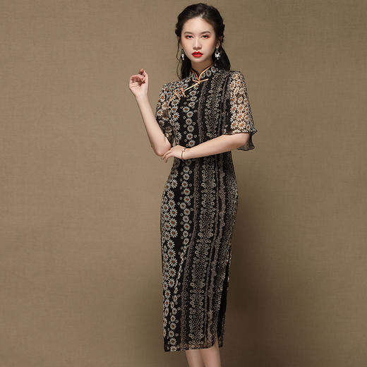 上海旗袍厂AYK-QF-200414雪纺小雏菊长款旗袍连衣裙改良立领短袖旗袍2021夏季国潮复古女装 商品图2