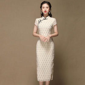 上海旗袍厂AYK-QF-200413雪纺菱格长款旗袍连衣裙传统立领短袖旗袍白女2021夏国潮复古女装