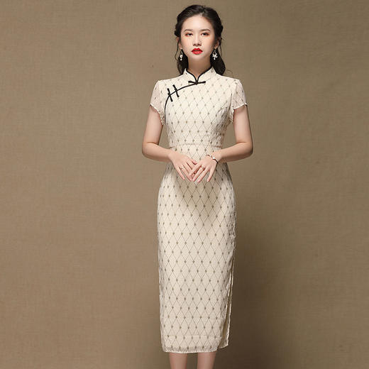上海旗袍厂AYK-QF-200413雪纺菱格长款旗袍连衣裙传统立领短袖旗袍白女2021夏国潮复古女装 商品图0